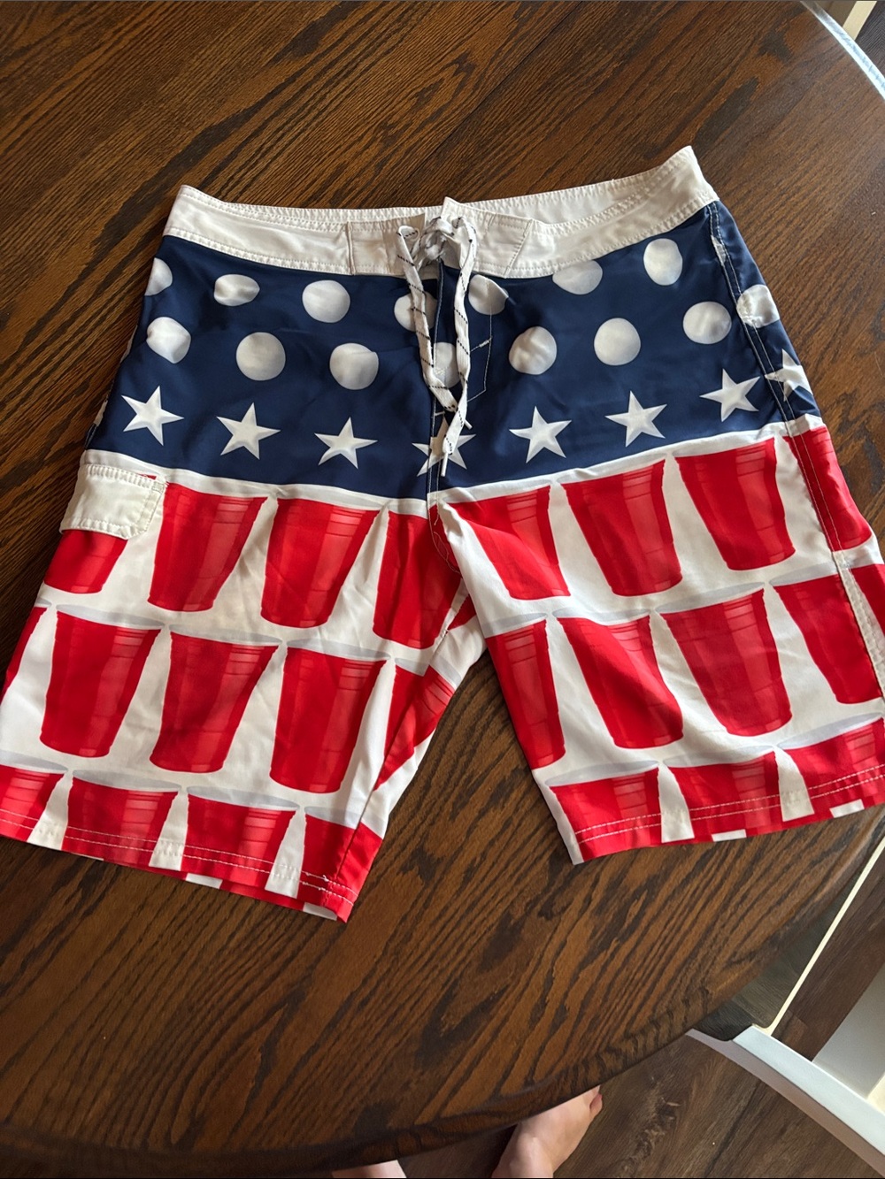 CARBON Men's Red SOLO cup, White & Blue Patriotic Swim Trunks